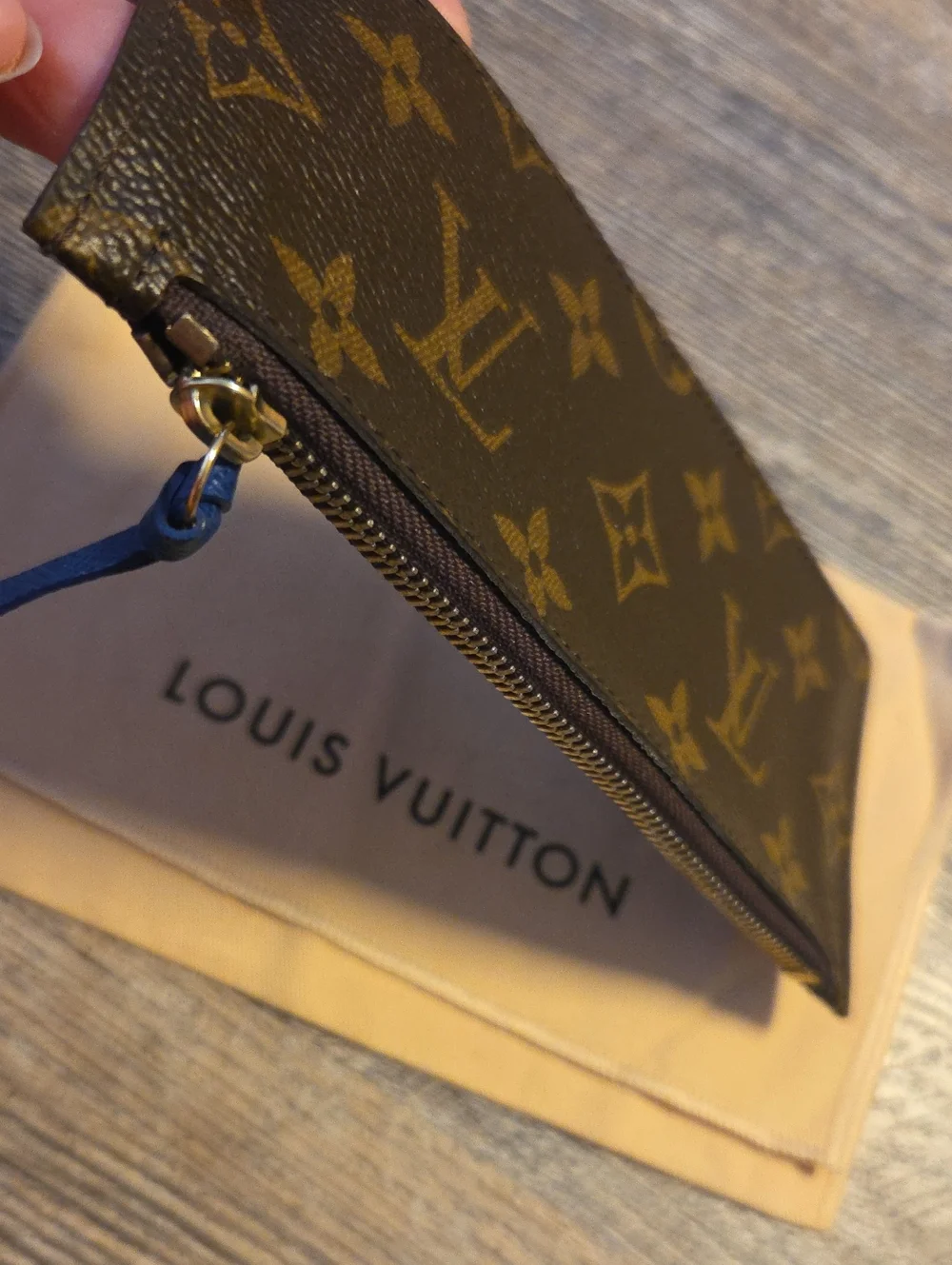 LOUIS VUITTON LV Monogram And Dust Bag Pouch Zipper Closure Blue Pull Beautiful